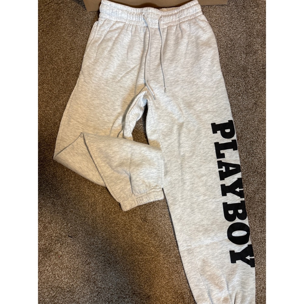 Playboy Sweatpants Mens Small Gray Good Logo Graphic Joggers Fleece Drawstring
